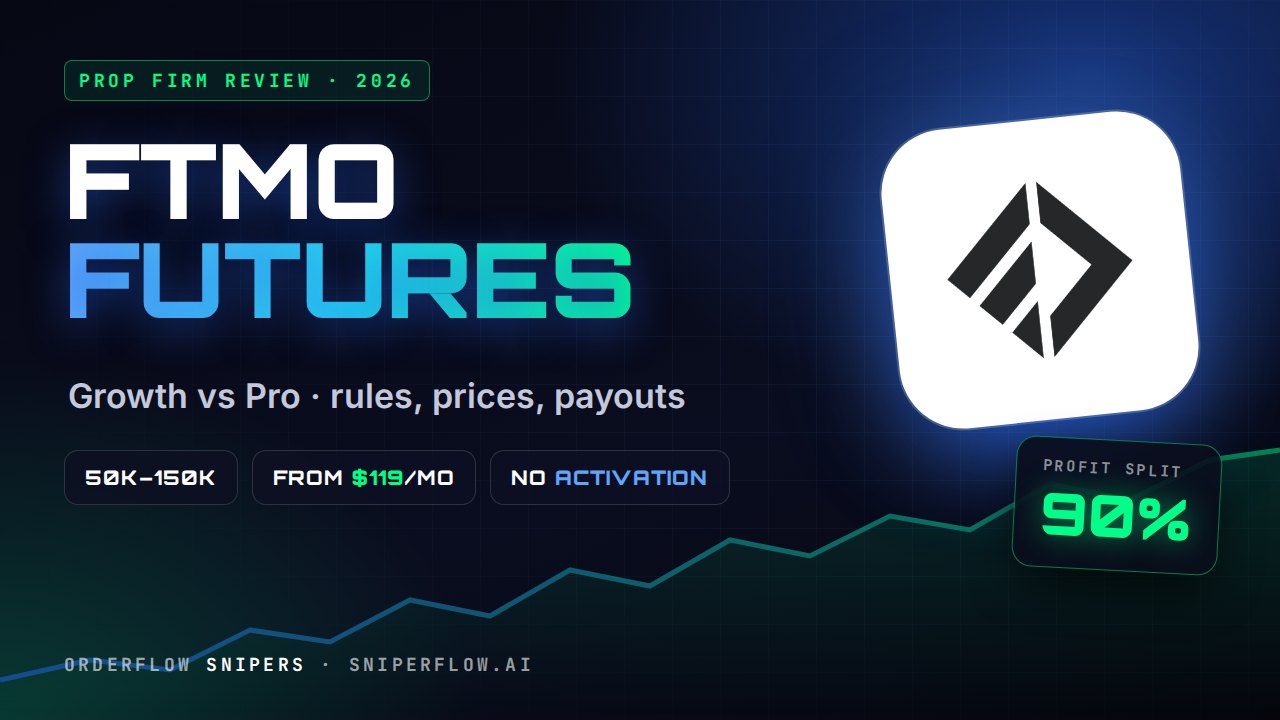 FTMO Futures review cover: Growth vs Pro, from $119 a month, 90% profit split